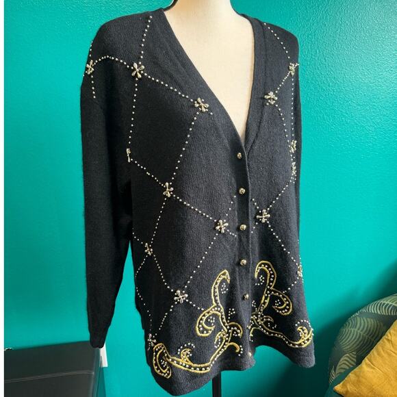 Vintage Karen Scott Angora Silk Lambswool Black Beaded Sweater Women's 2X - Picture 3 of 10